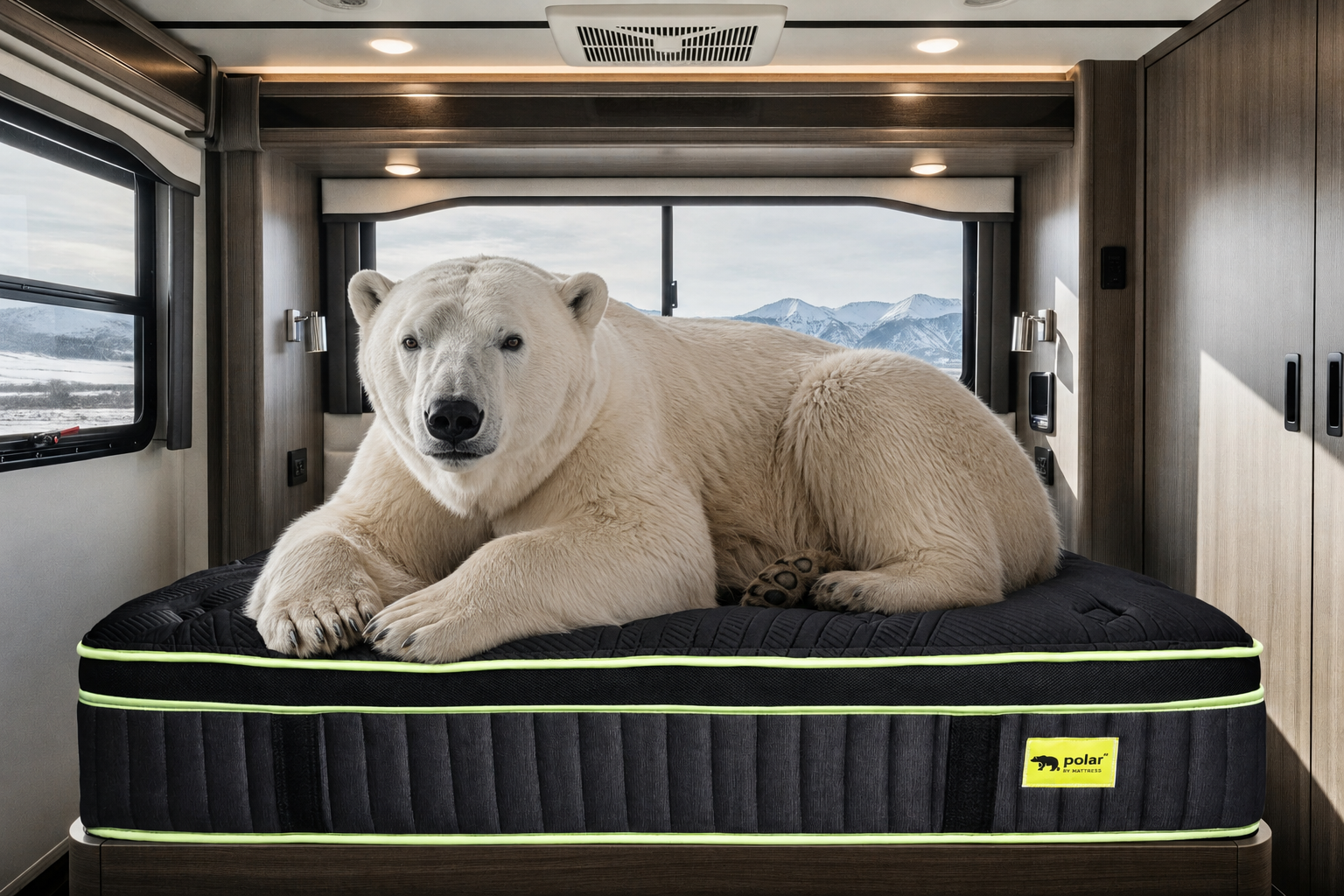 Polar PA luxury RV mattress with 2400 pocket coils and memory foam shown in an RV bedroom with a polar bear on top.