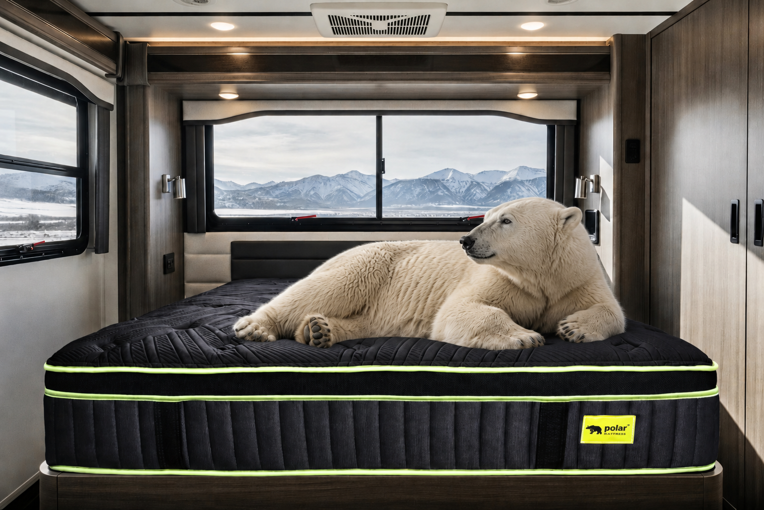Polar MA RV mattress with pocket coil support and memory foam comfort, shown in an RV bedroom with a polar bear resting on the mattress.